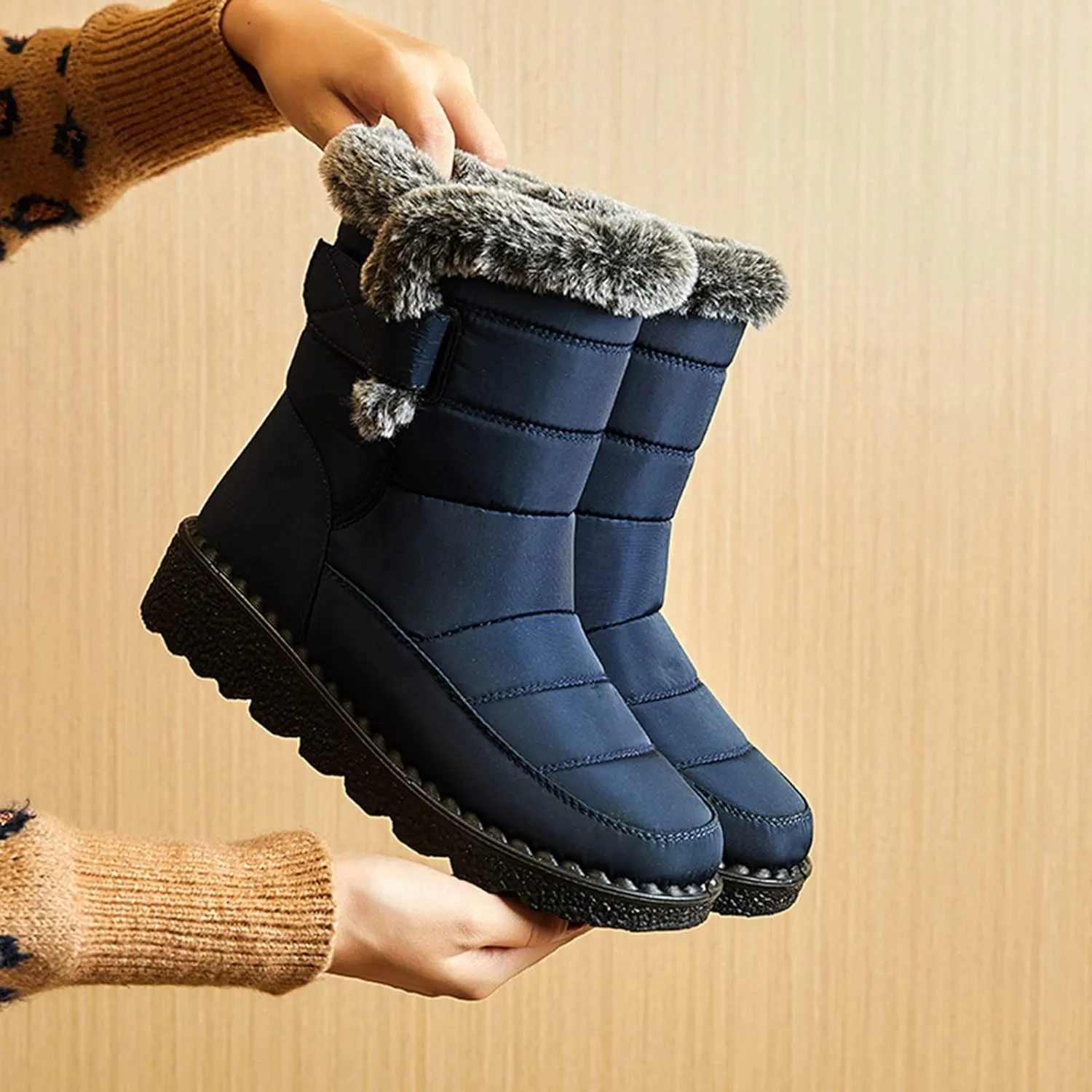 Mid Calf Boots for Women Faux Furry Lined Snow Boots Waterproof Comfortable Slip on Fall Winter Boots Black Retro Ladies Booties Women Shoes