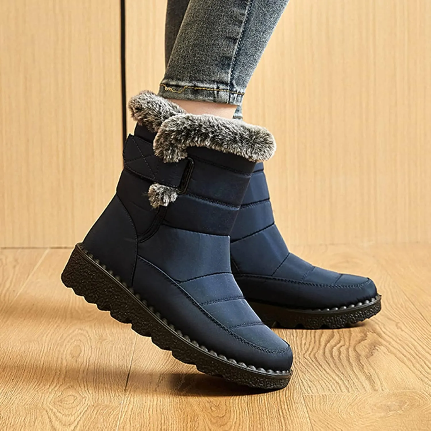 Mid Calf Boots for Women Faux Furry Lined Snow Boots Waterproof Comfortable Slip on Fall Winter Boots Black Retro Ladies Booties Women Shoes
