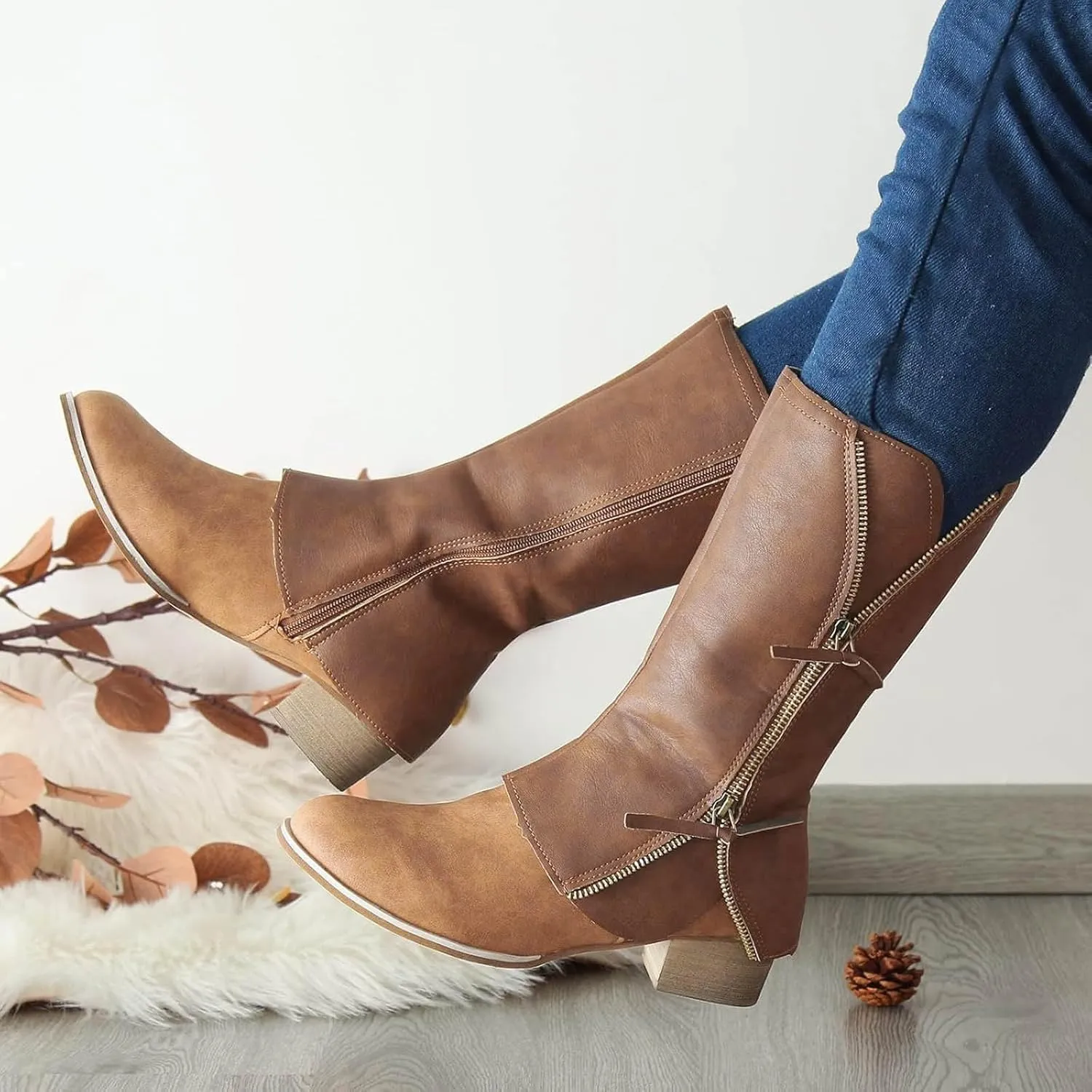 Mid Calf Boots for Women Knee High Boots Zipper Wide Calf Low Heel Riding Boots Fall Tall Boots for Women