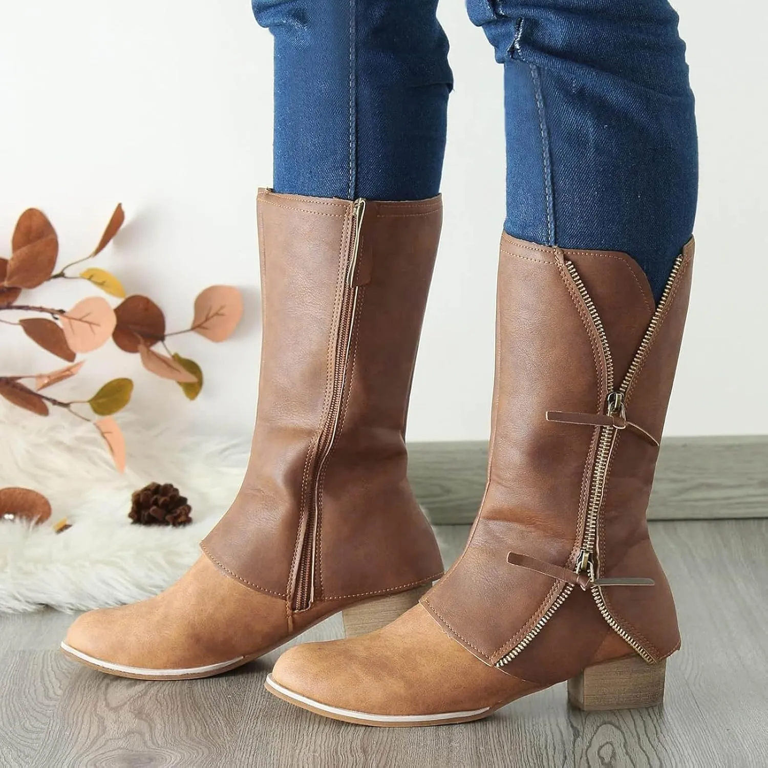 Mid Calf Boots for Women Knee High Boots Zipper Wide Calf Low Heel Riding Boots Fall Tall Boots for Women