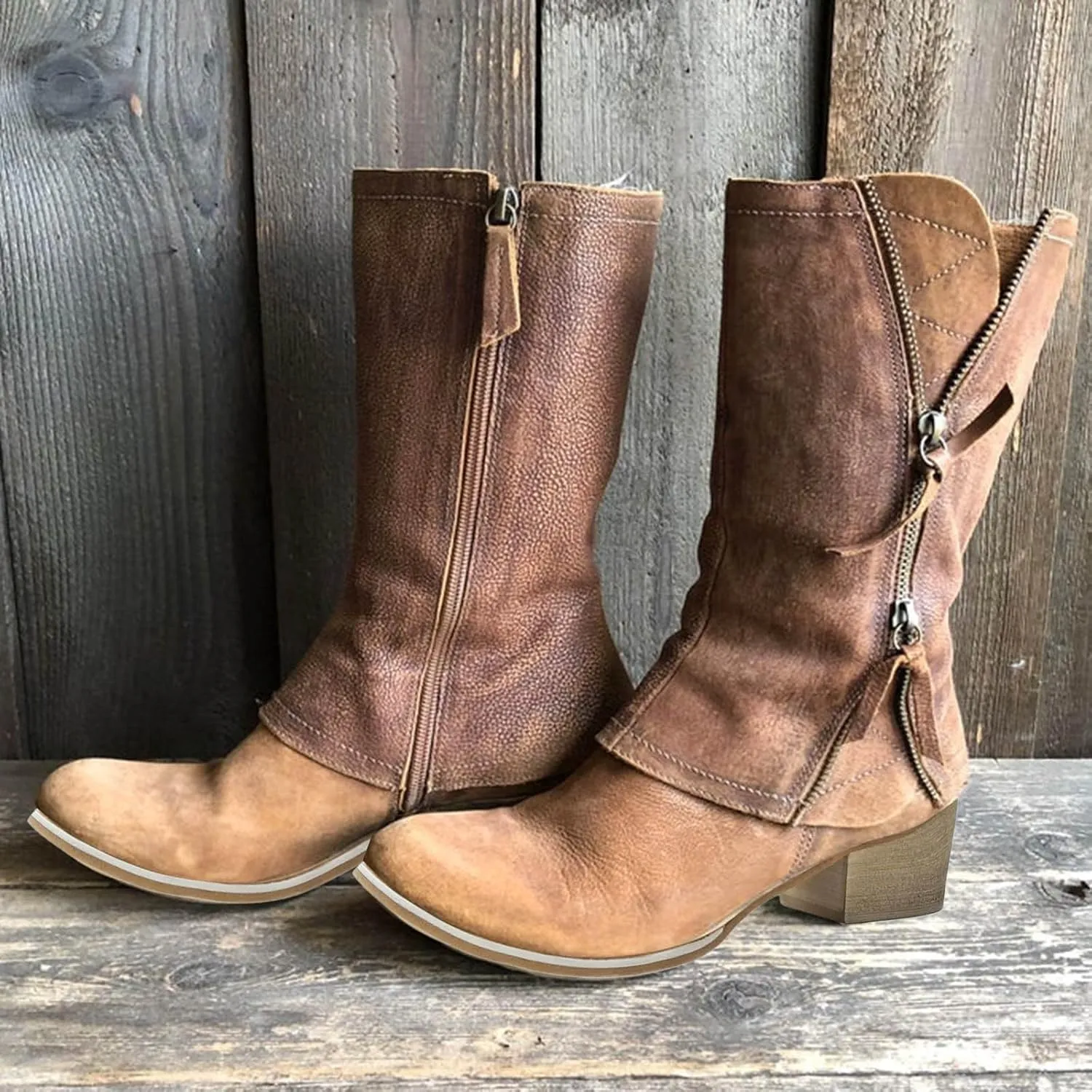 Mid Calf Boots for Women Knee High Boots Zipper Wide Calf Low Heel Riding Boots Fall Tall Boots for Women