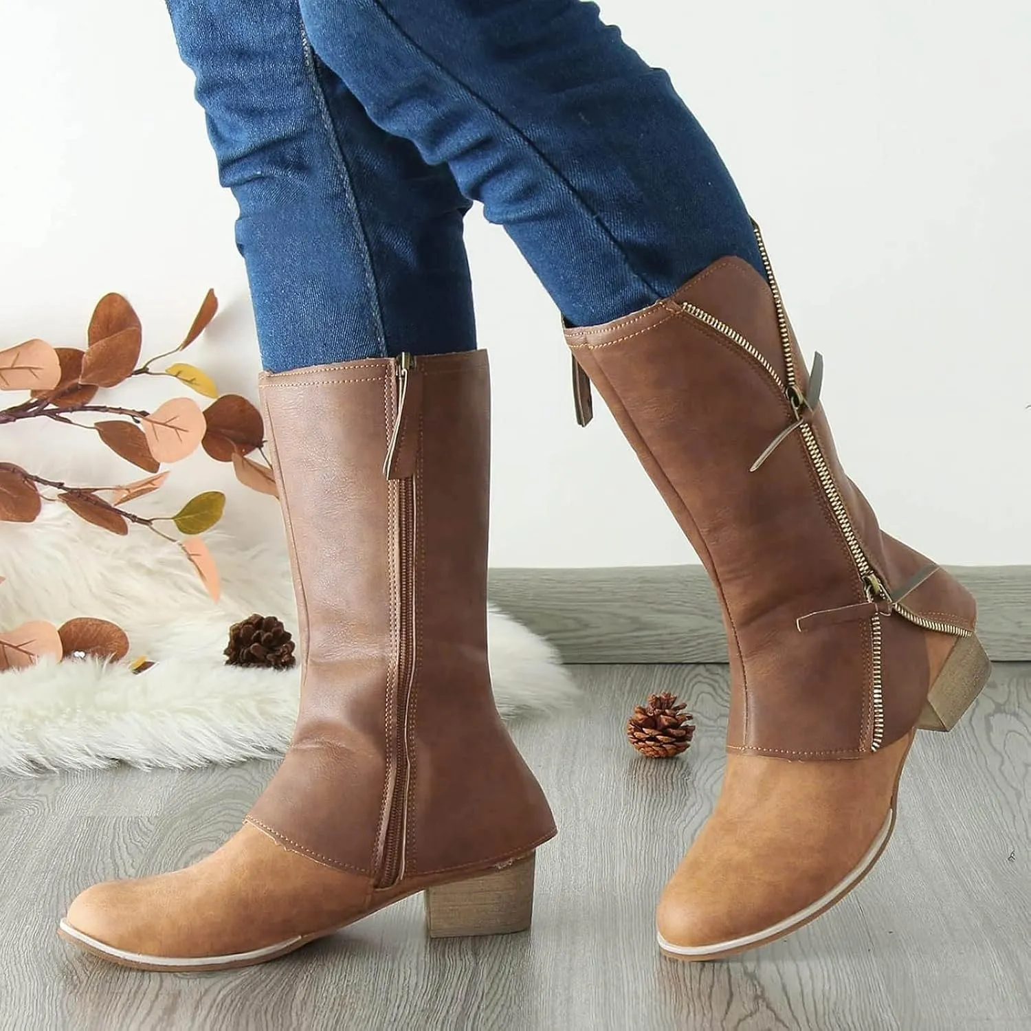 Mid Calf Boots for Women Knee High Boots Zipper Wide Calf Low Heel Riding Boots Fall Tall Boots for Women