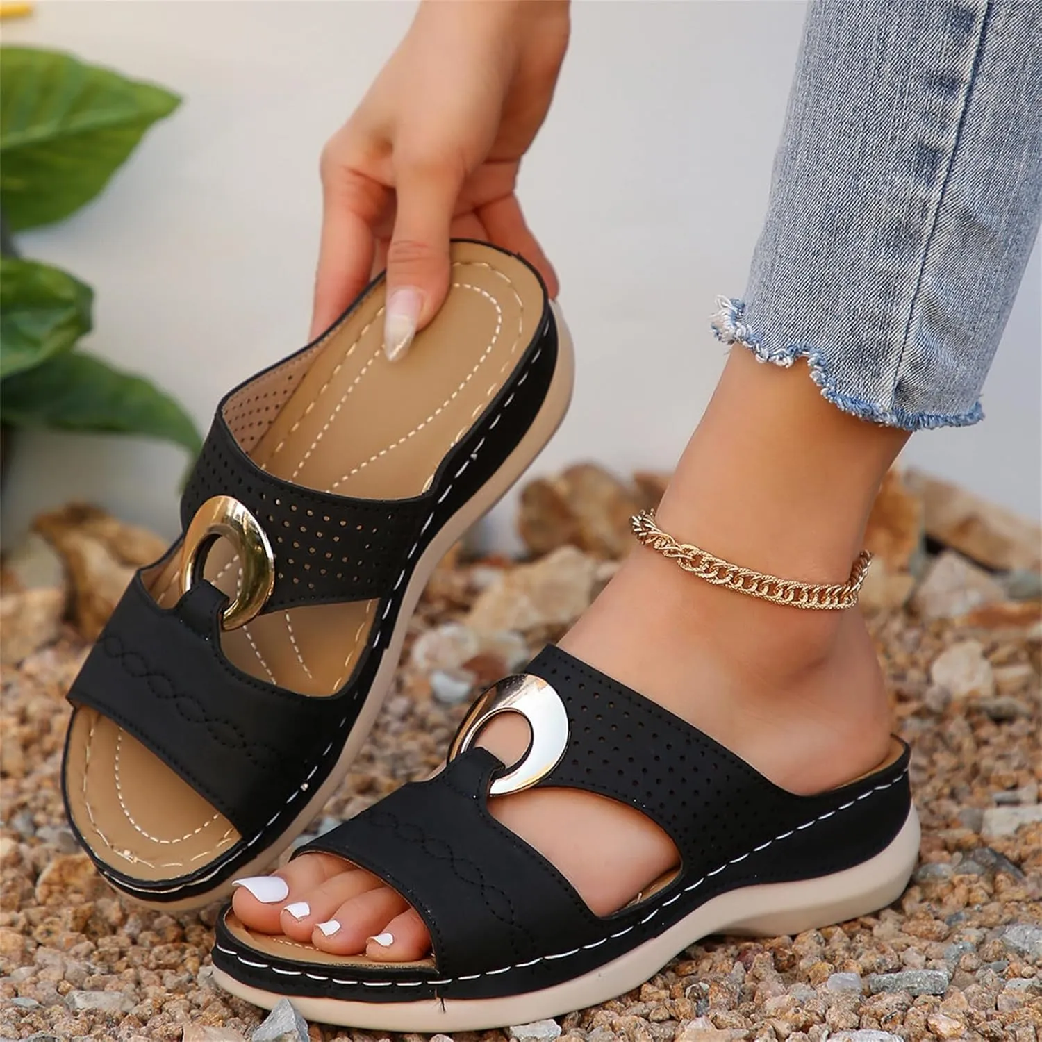 Orthopedic Sandals for Women Arch Support Wedges Sandal Summer Casual Comfortable Slippers Dressy Platform Beach Slides Low Heels Memory Foam Sandals Breathable Slipper