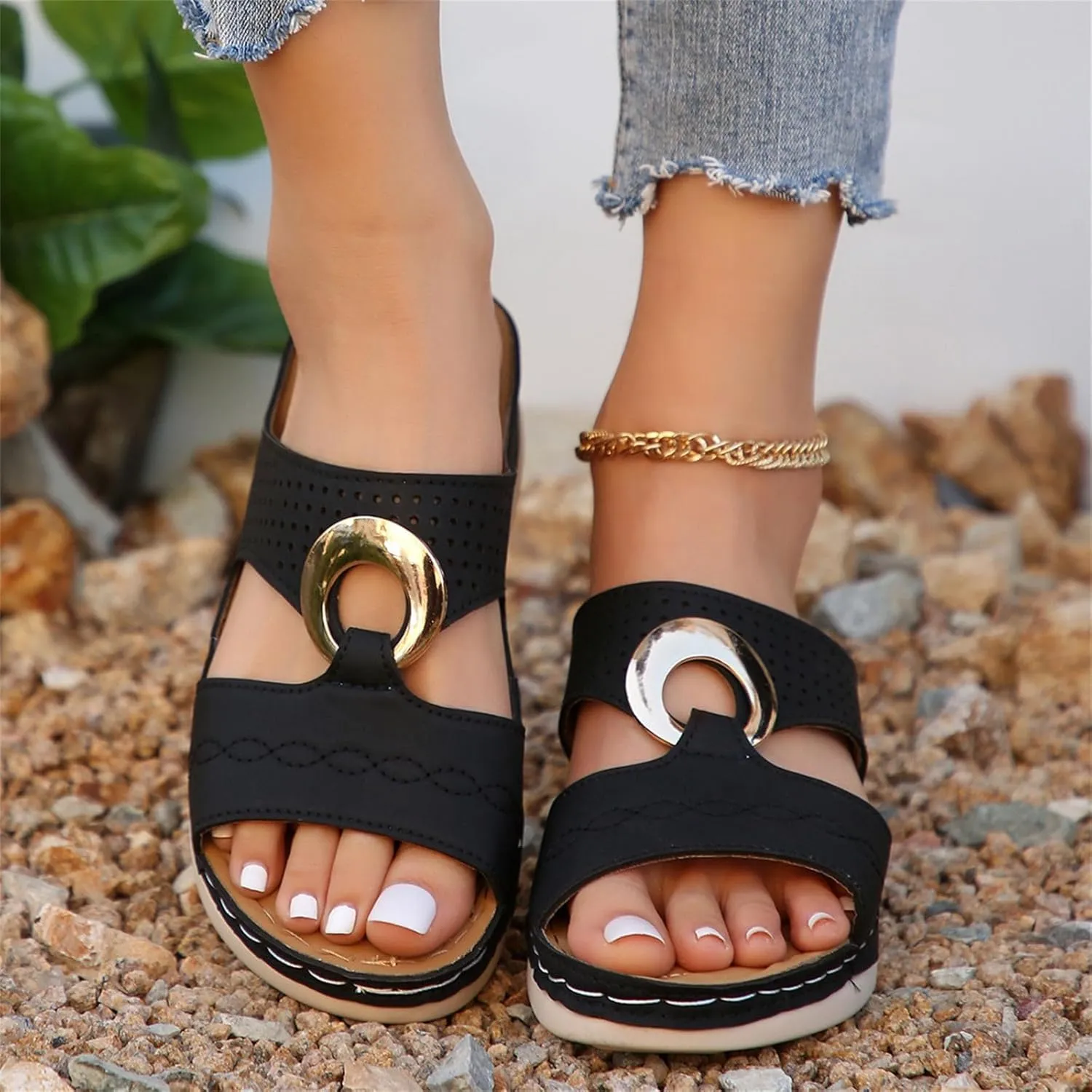 Orthopedic Sandals for Women Arch Support Wedges Sandal Summer Casual Comfortable Slippers Dressy Platform Beach Slides Low Heels Memory Foam Sandals Breathable Slipper