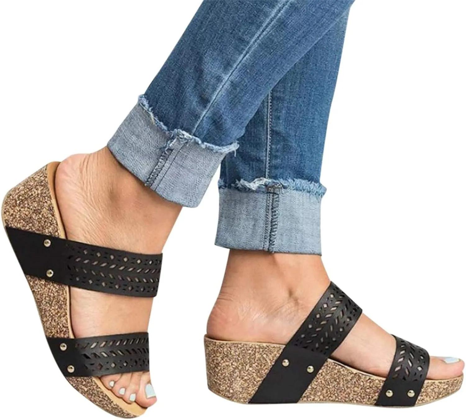 Platform Sandals Women Wedge Ankle Band Cork Platform Slip-Resistant Sole Casual Beach Walking Sandals 2025 Spring and Summer Vacation