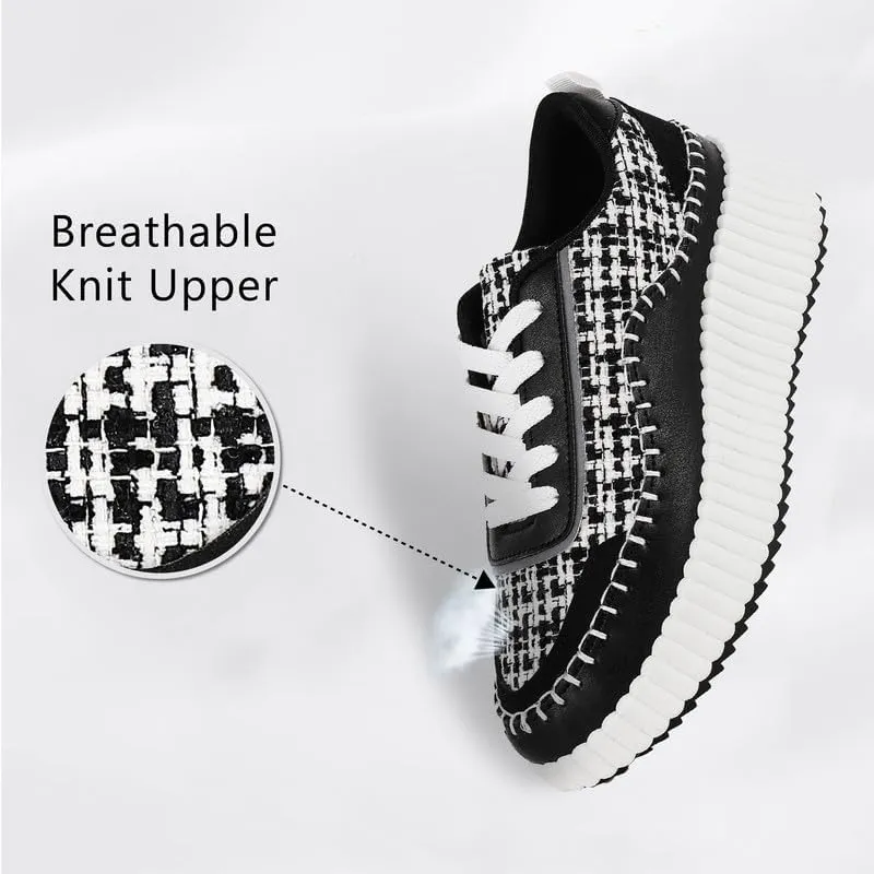Platform Sneakers for Women Comfortable Casual Fashion Sneaker Lace Up Woven Low Chunky Walking Shoes