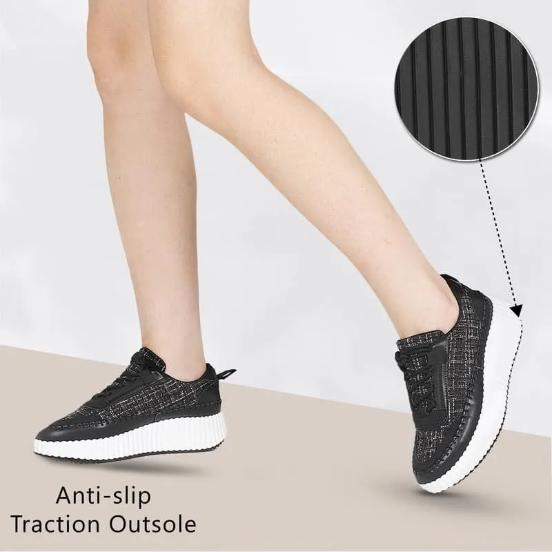Platform Sneakers for Women Comfortable Casual Fashion Sneaker Lace Up Woven Low Chunky Walking Shoes