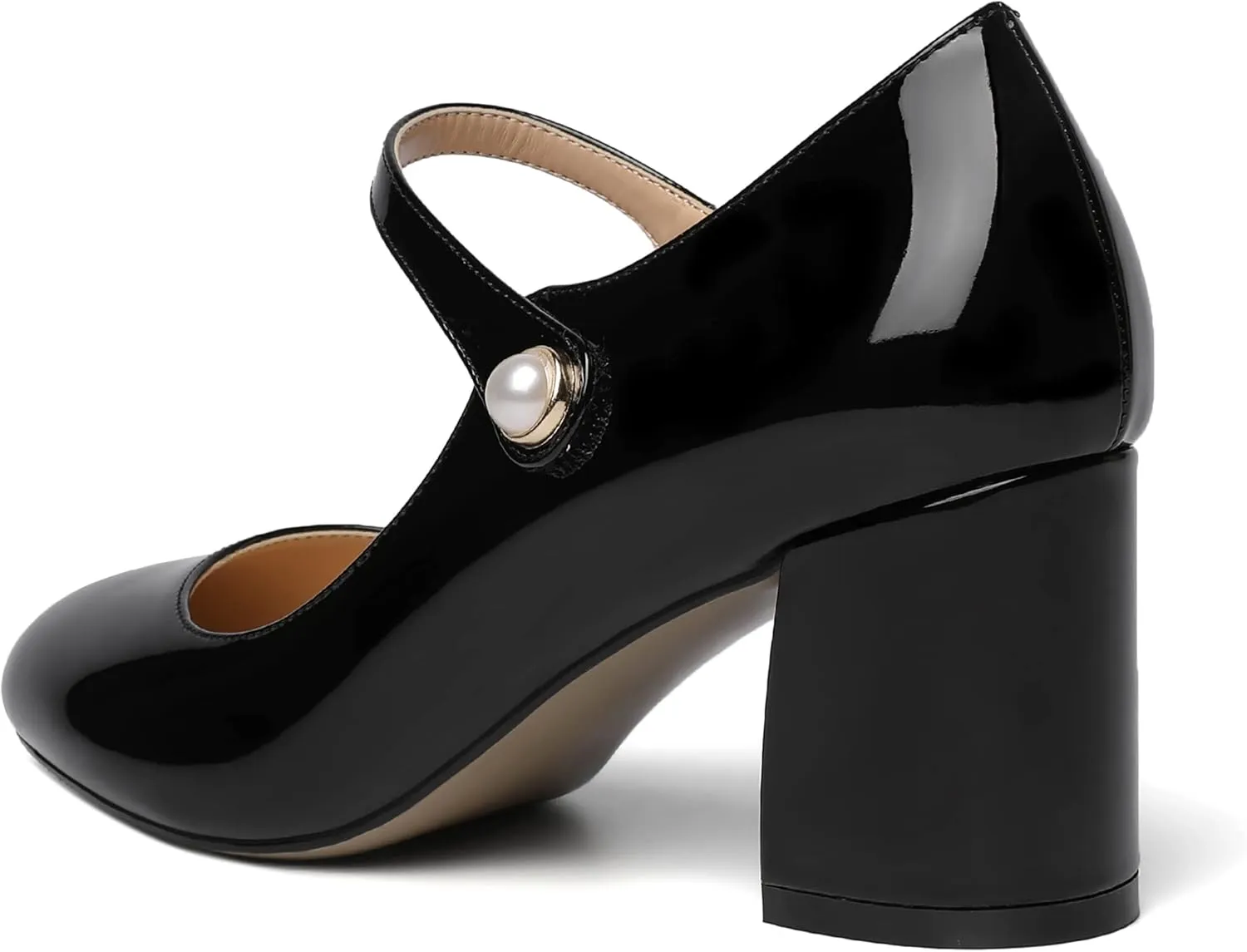 ROSERWISH Womens Wedding Round Toe Ankle Strap Patent Fashion Block Mid Heel Pumps Shoes 2.5 Inch