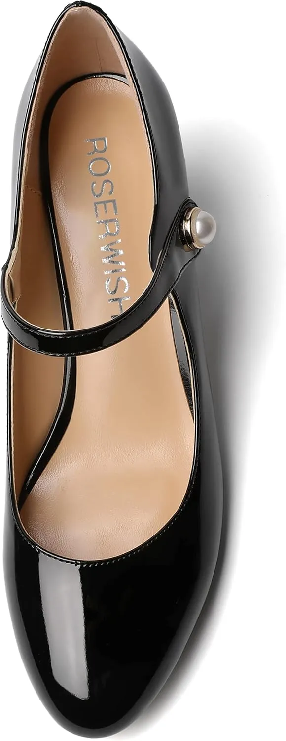 ROSERWISH Womens Wedding Round Toe Ankle Strap Patent Fashion Block Mid Heel Pumps Shoes 2.5 Inch