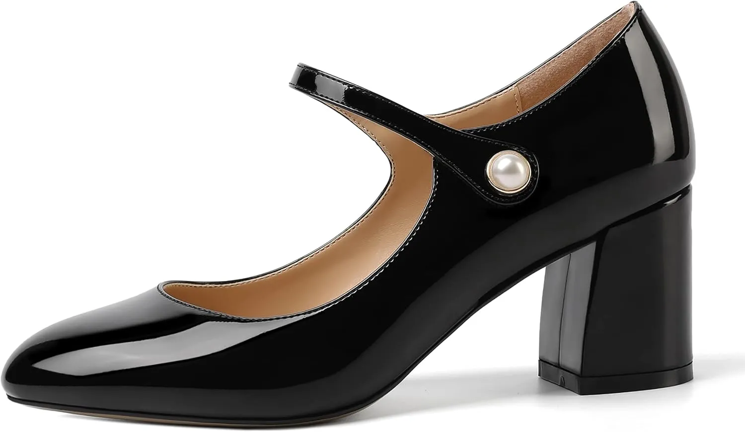 ROSERWISH Womens Wedding Round Toe Ankle Strap Patent Fashion Block Mid Heel Pumps Shoes 2.5 Inch