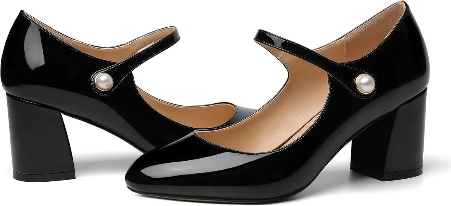 ROSERWISH Womens Wedding Round Toe Ankle Strap Patent Fashion Block Mid Heel Pumps Shoes 2.5 Inch