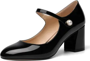 ROSERWISH Womens Wedding Round Toe Ankle Strap Patent Fashion Block Mid Heel Pumps Shoes 2.5 Inch