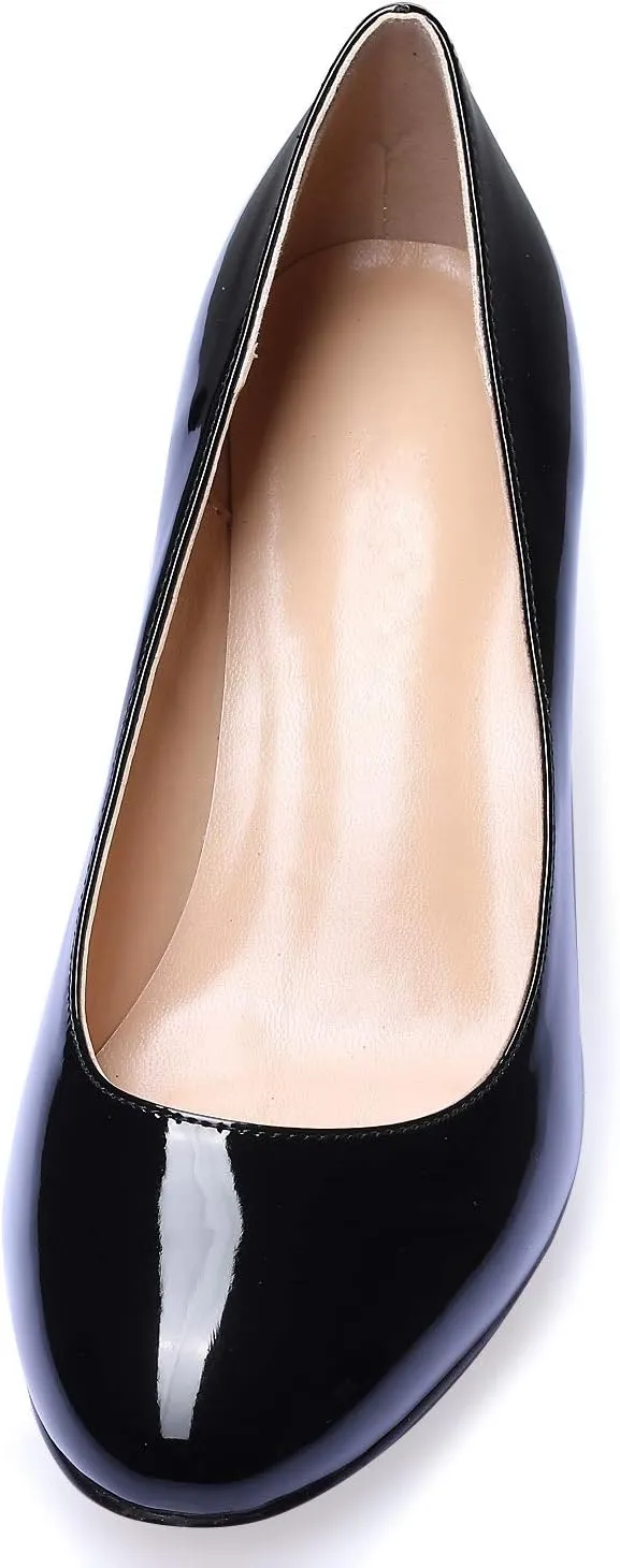 SAMMITOP Women's Round Toe Pumps Comfortable Slip On Low Heels Dress Pumps Black Shoes
