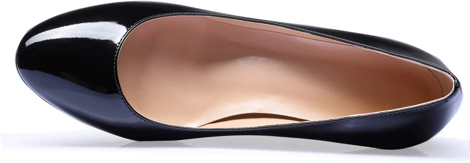 SAMMITOP Women's Round Toe Pumps Comfortable Slip On Low Heels Dress Pumps Black Shoes