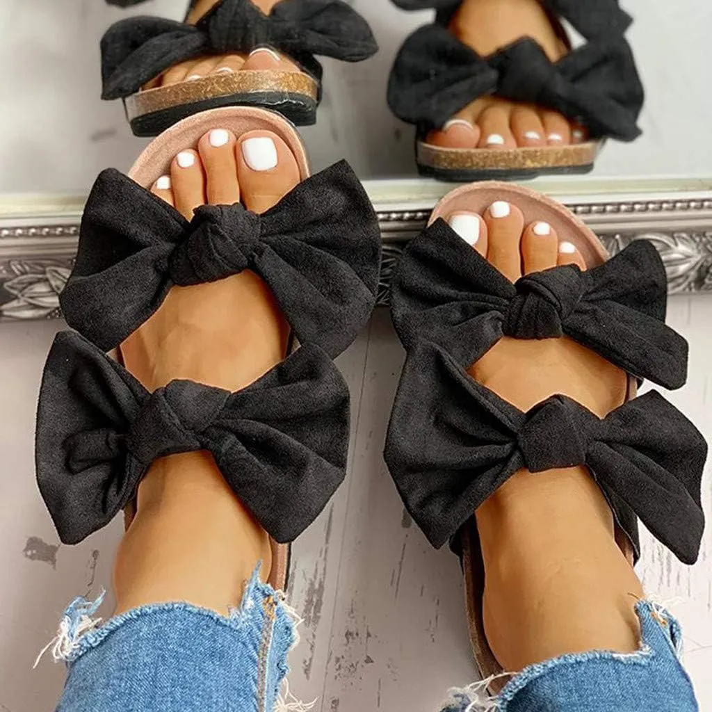 Sandals for Women Flat,Slide Sandals for Women Cork Sole Canvas Summer Cute Knot Bow Ladies Slides Sandals for Women