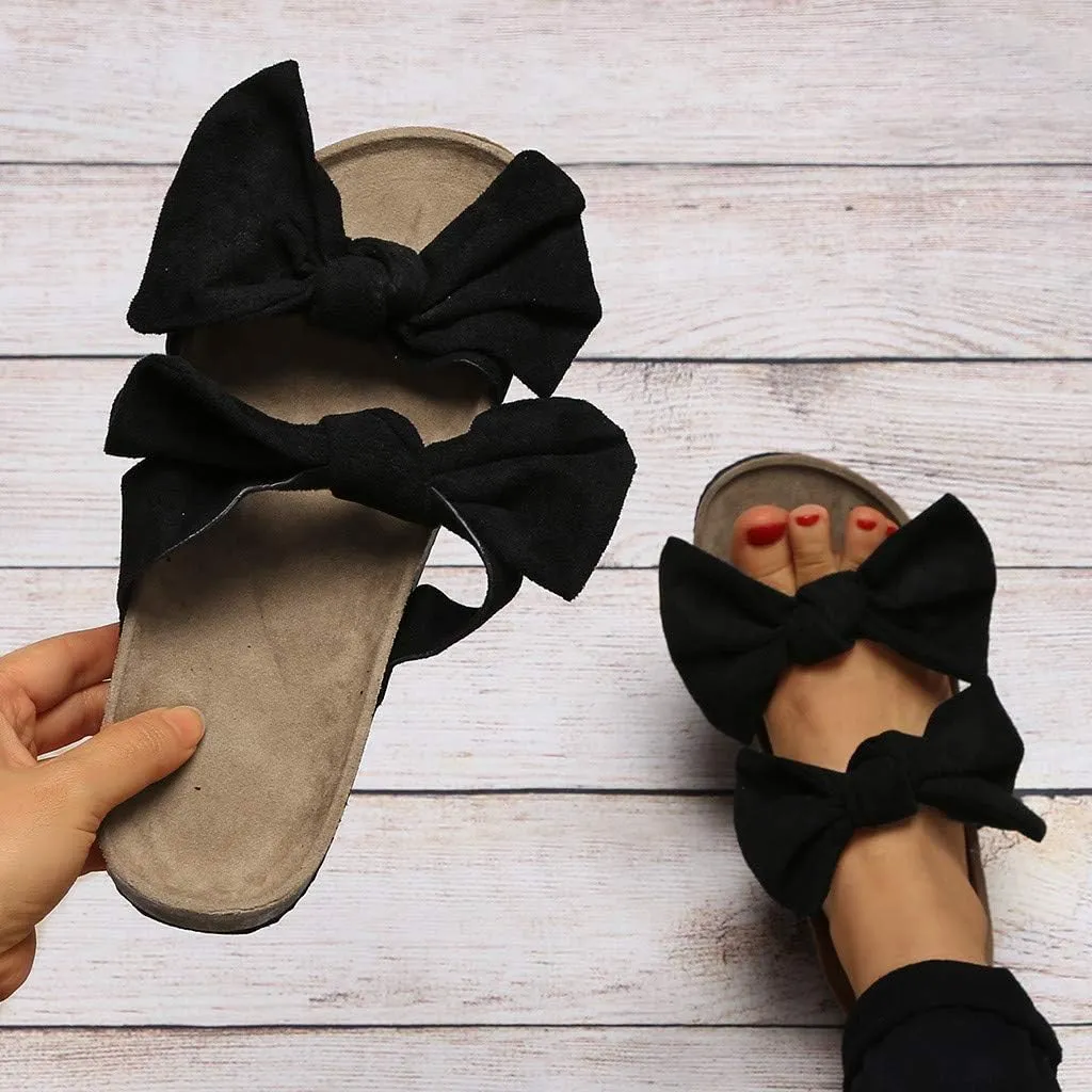 Sandals for Women Flat,Slide Sandals for Women Cork Sole Canvas Summer Cute Knot Bow Ladies Slides Sandals for Women
