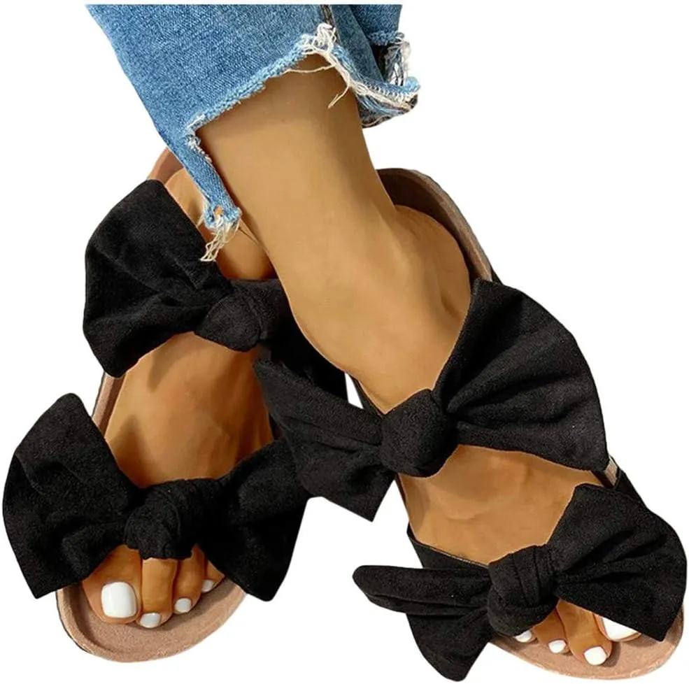 Sandals for Women Flat,Slide Sandals for Women Cork Sole Canvas Summer Cute Knot Bow Ladies Slides Sandals for Women