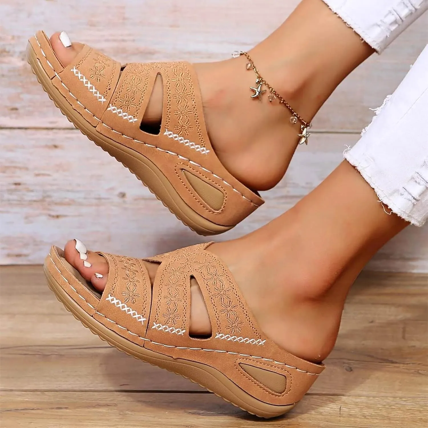 Sandals for Women Slip on Dressy Summer Comfortable Slides Sandals Lightweight Memory Foam Platform Wedge Shoes