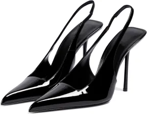 Slingback Stiletto Heels for Women Pointed Toe Slip On Patent Leather Pumps Backless Stretch Strap Dress High Heels