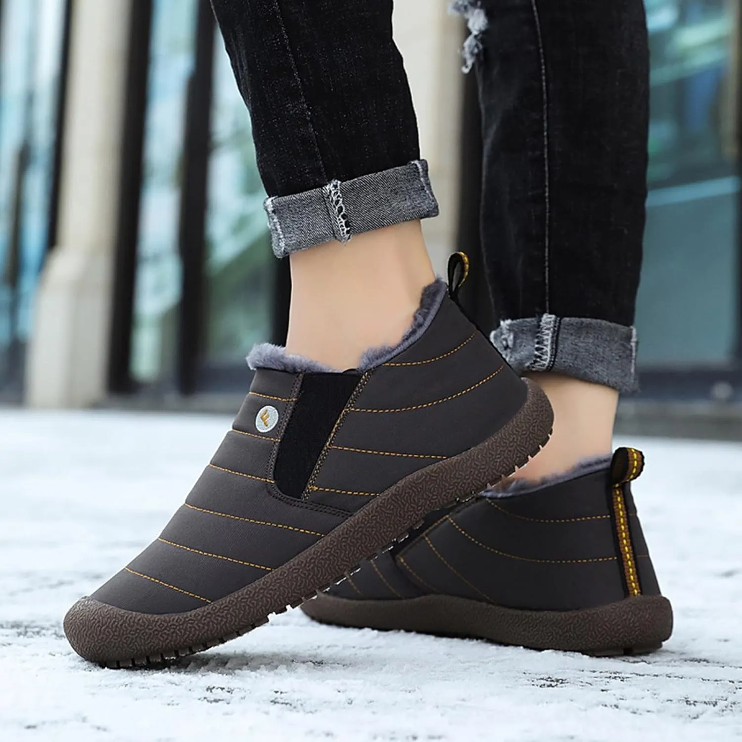 Snow Boots for Women Faux Furry Lined Ankle Booties Low Heel Leather Fashion Slip on Comfortable Fall Winter Boots Black Zipper Retro Ladies Boots Women Booties