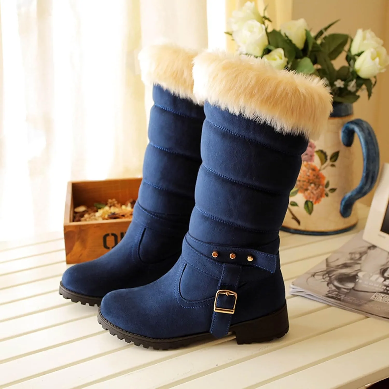 Snow Boots for Women Winter Warm Cotton Belt Mid Calf Boots Low Heel Round Toe Velvet Lined Anti-Slip Resistant Booties