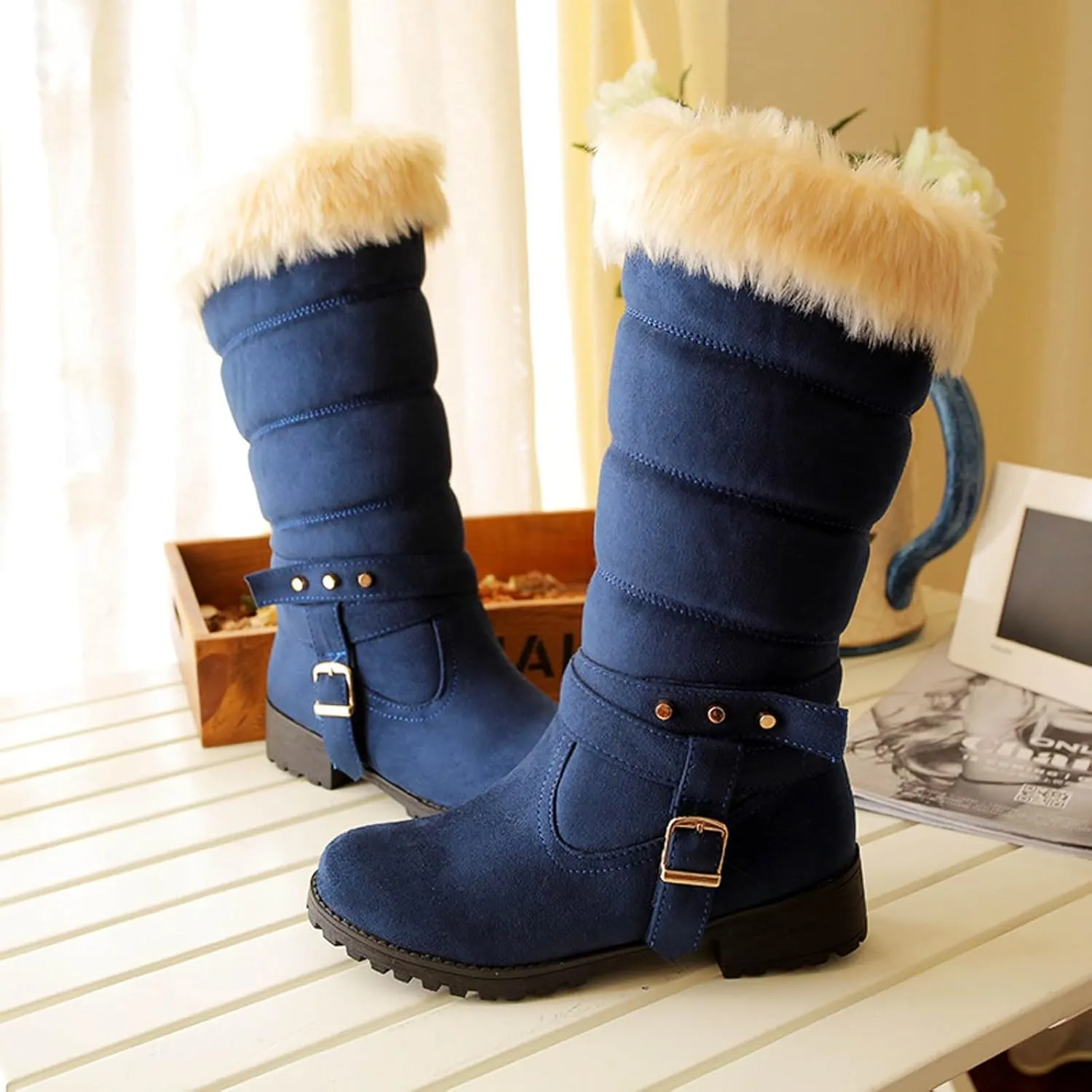 Snow Boots for Women Winter Warm Cotton Belt Mid Calf Boots Low Heel Round Toe Velvet Lined Anti-Slip Resistant Booties