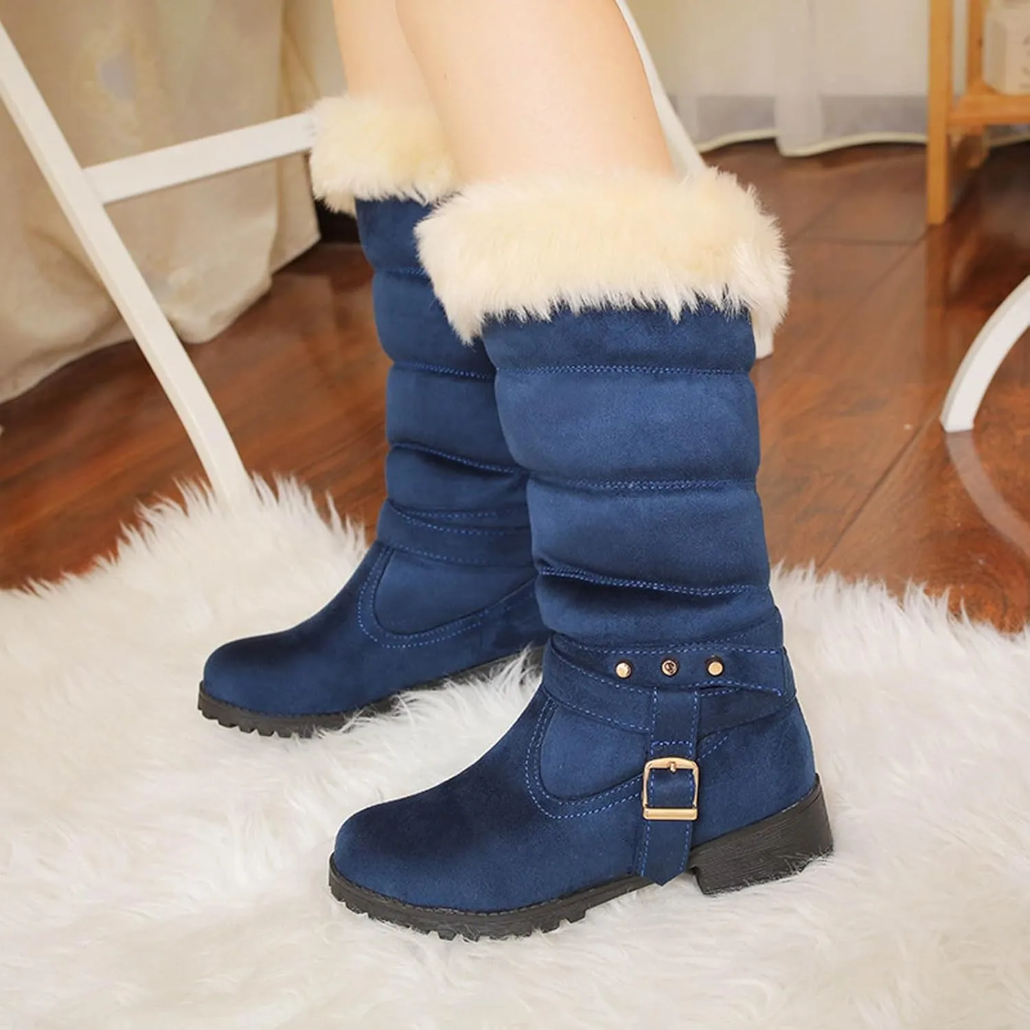 Snow Boots for Women Winter Warm Cotton Belt Mid Calf Boots Low Heel Round Toe Velvet Lined Anti-Slip Resistant Booties