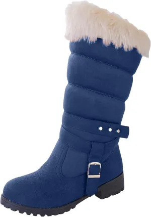 Snow Boots for Women Winter Warm Cotton Belt Mid Calf Boots Low Heel Round Toe Velvet Lined Anti-Slip Resistant Booties