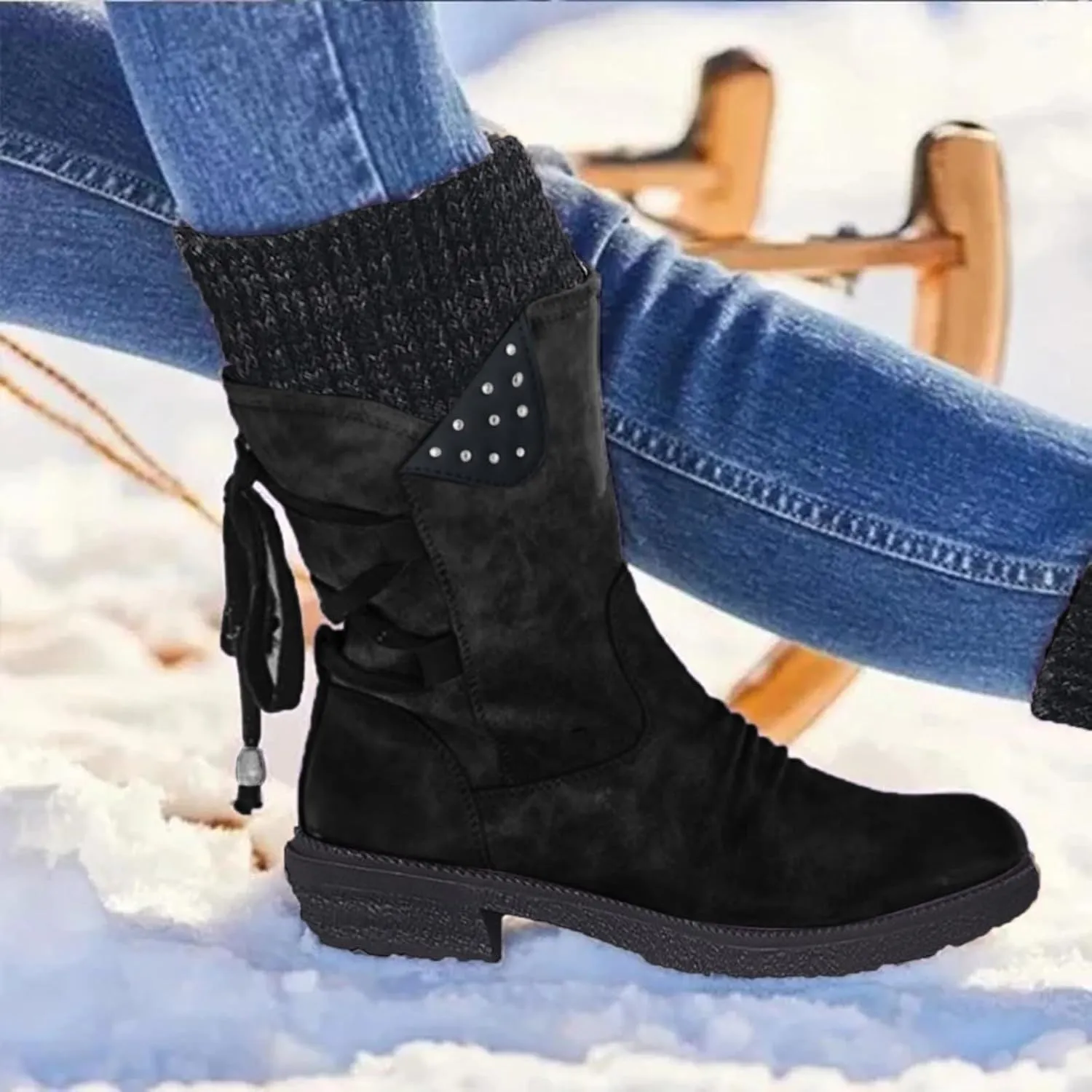 Snow Boots for Women Winter Warm Square Toe Shoes Lace Up Zip High Heel Booties Combat Mid Calf Boots Chunky Platform Boots