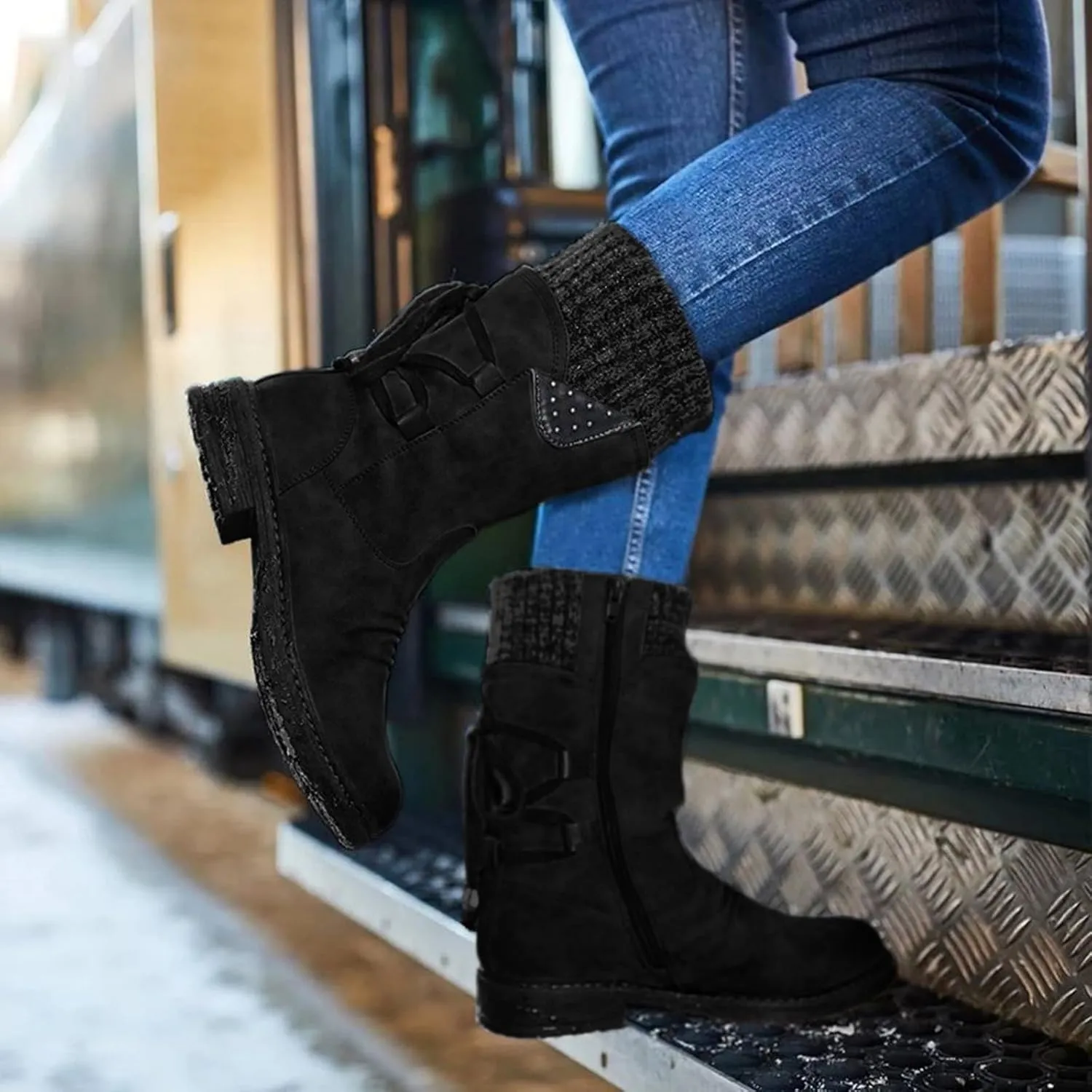 Snow Boots for Women Winter Warm Square Toe Shoes Lace Up Zip High Heel Booties Combat Mid Calf Boots Chunky Platform Boots