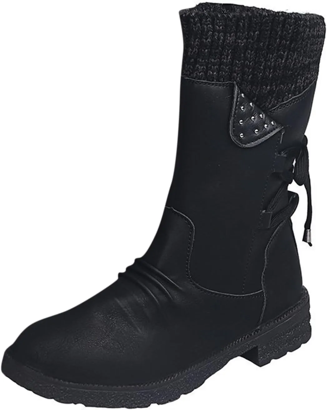 Snow Boots for Women Winter Warm Square Toe Shoes Lace Up Zip High Heel Booties Combat Mid Calf Boots Chunky Platform Boots