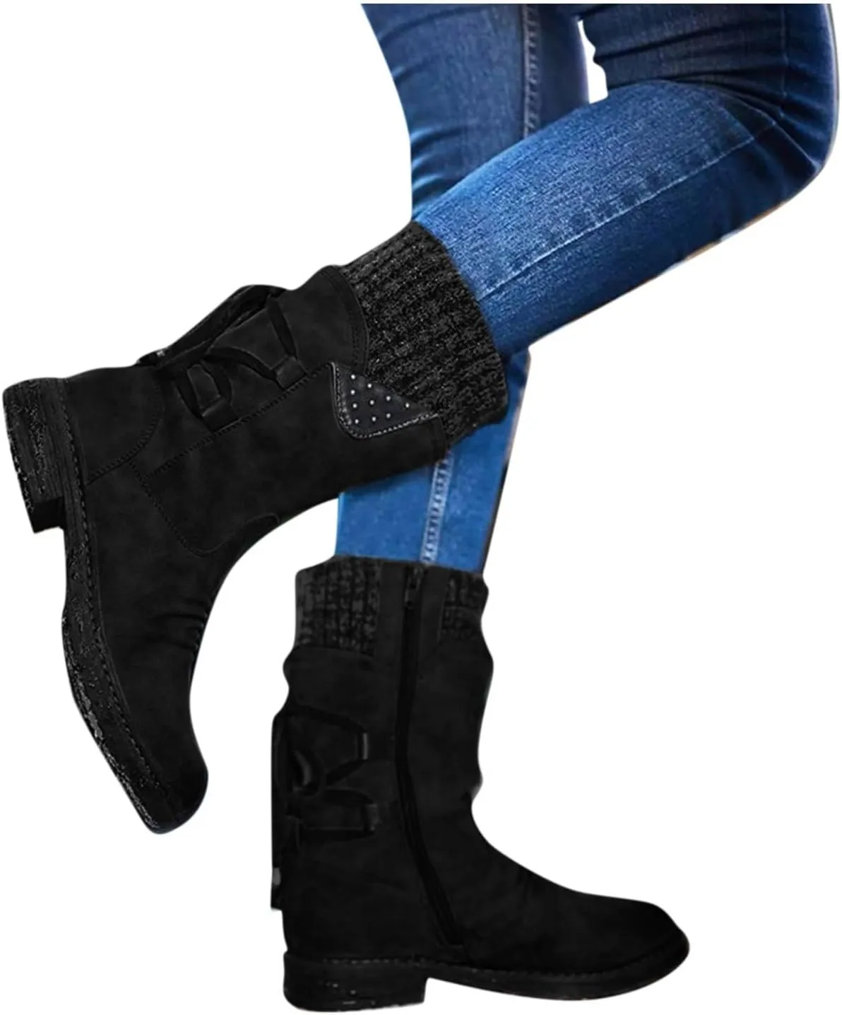 Snow Boots for Women Winter Warm Square Toe Shoes Lace Up Zip High Heel Booties Combat Mid Calf Boots Chunky Platform Boots