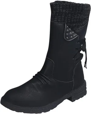 Snow Boots for Women Winter Warm Square Toe Shoes Lace Up Zip High Heel Booties Combat Mid Calf Boots Chunky Platform Boots