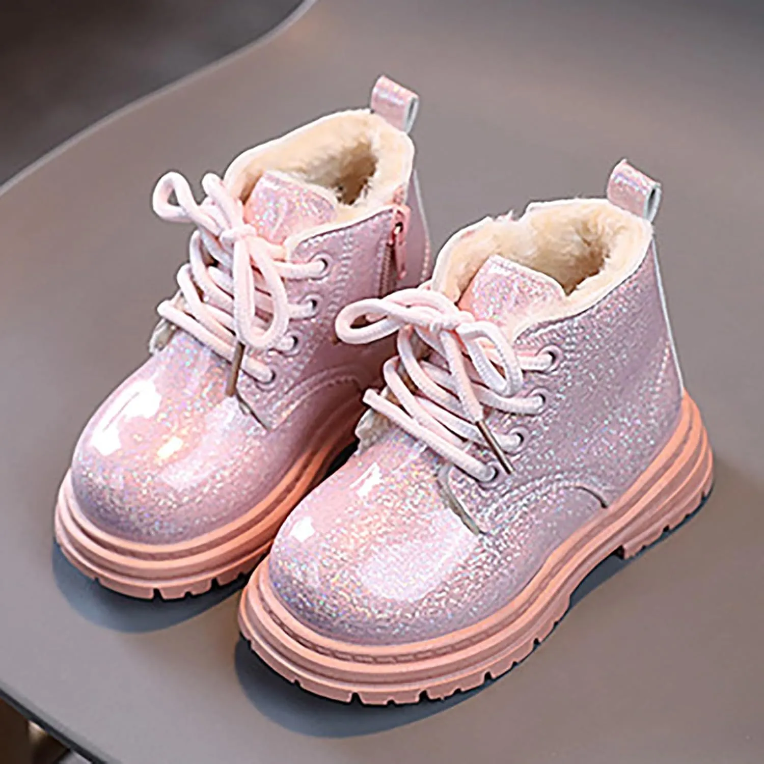 Toddler Girls Boys Ankle Boots Little Kids Glitter Lace Up Side Zip Combat Booties Fleece Lined Winter Warm Snow Boots