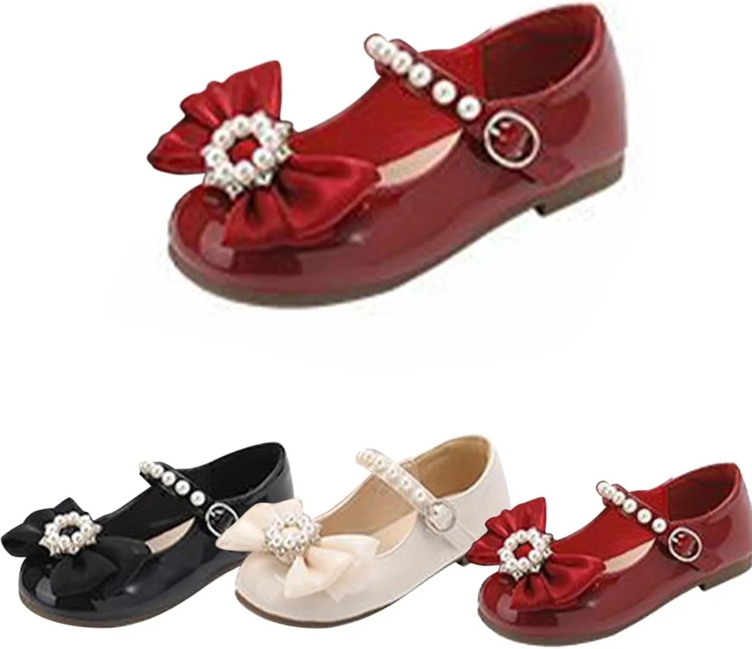 Toddler Girls Dress Ballet Shoes with Pearls Bow Strap Mary Jane Flats Flower Girl Shoes for Wedding Party Dance