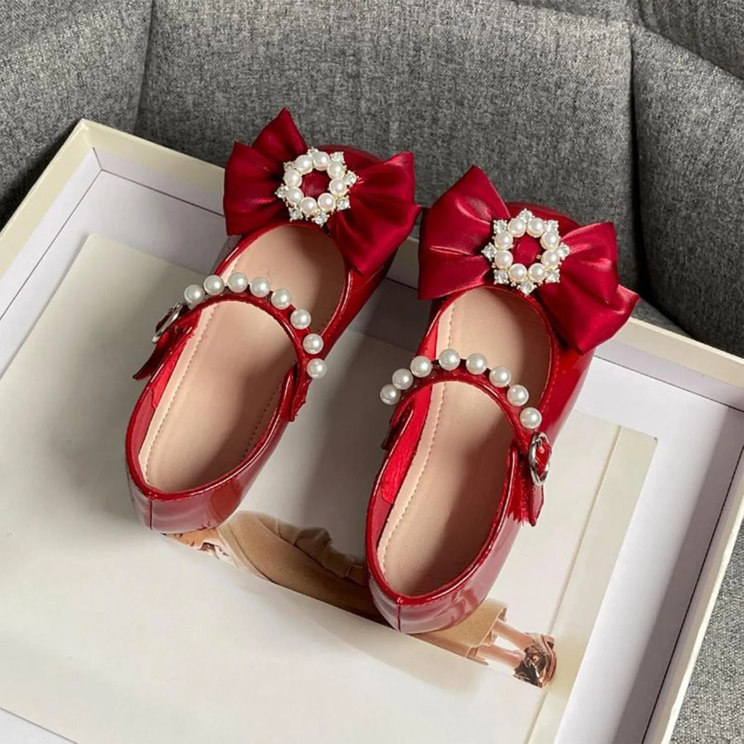 Toddler Girls Dress Ballet Shoes with Pearls Bow Strap Mary Jane Flats Flower Girl Shoes for Wedding Party Dance