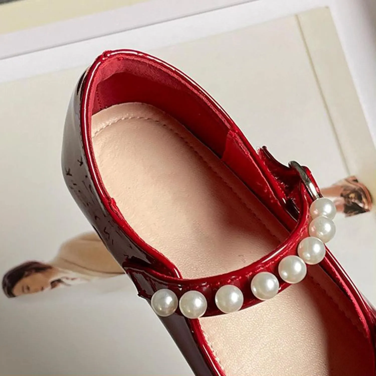 Toddler Girls Dress Ballet Shoes with Pearls Bow Strap Mary Jane Flats Flower Girl Shoes for Wedding Party Dance
