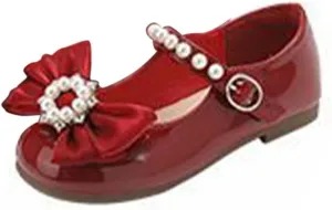 Toddler Girls Dress Ballet Shoes with Pearls Bow Strap Mary Jane Flats Flower Girl Shoes for Wedding Party Dance