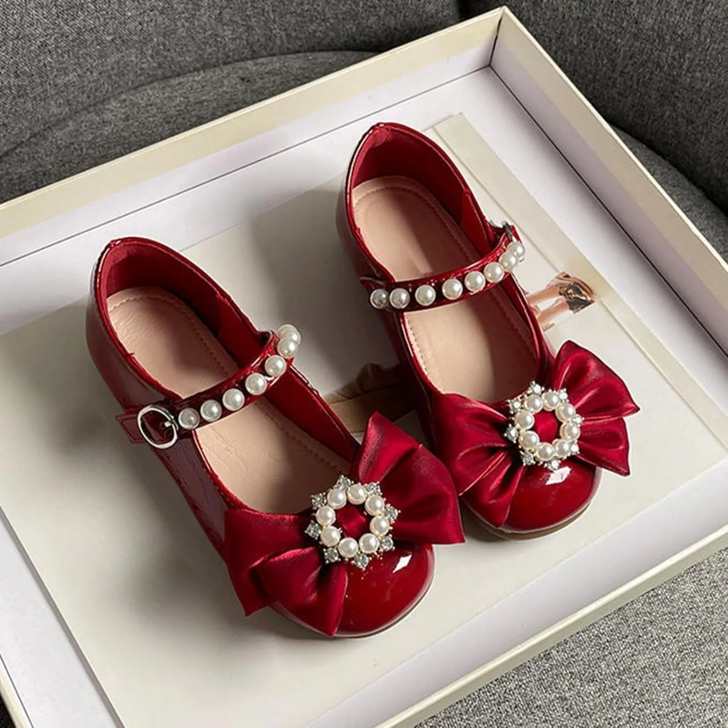 Toddler Girls Dress Ballet Shoes with Pearls Bow Strap Mary Jane Flats Flower Girl Shoes for Wedding Party Dance