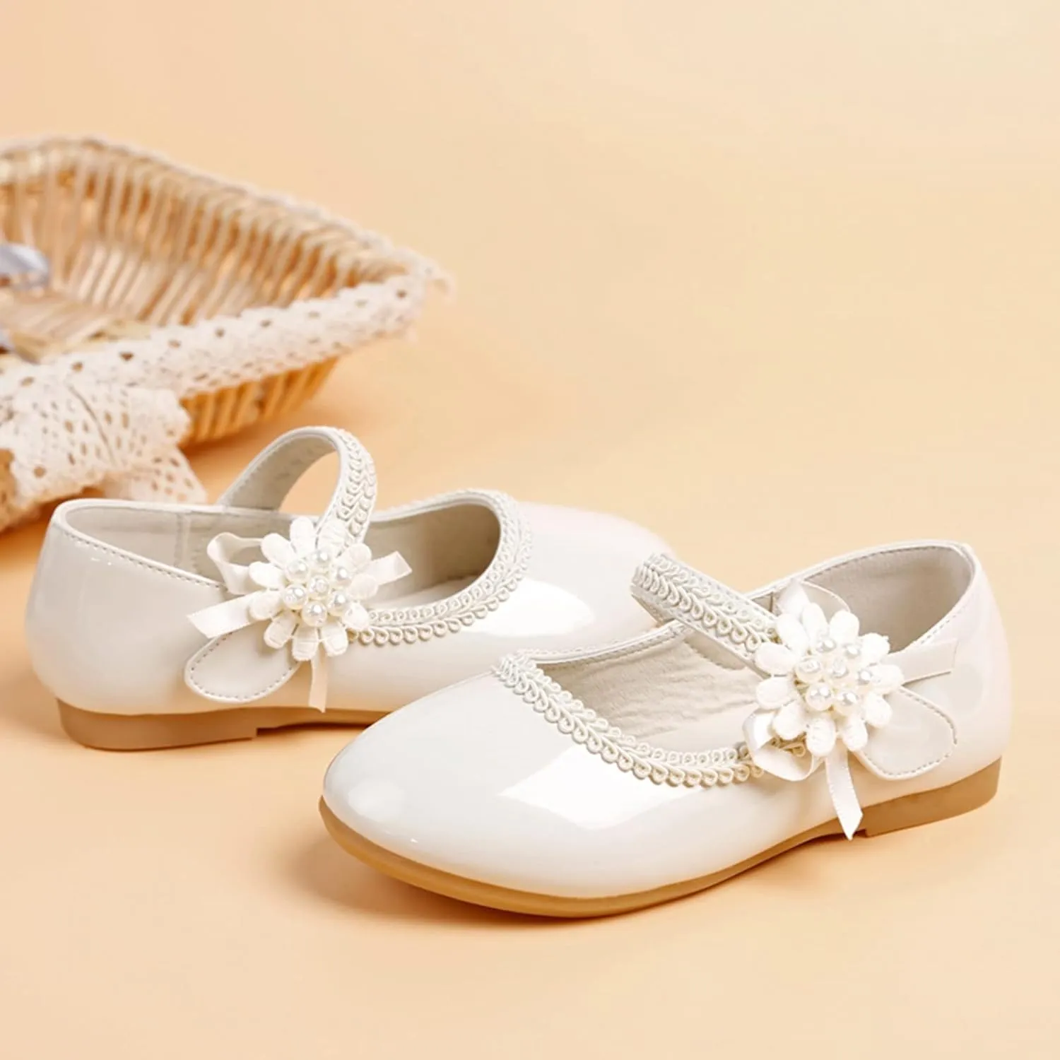Toddler Girls Dress Shoes Toddler Kid Mary Jane with Pearls Low Heels Pumps for Flower Girl Wedding Party