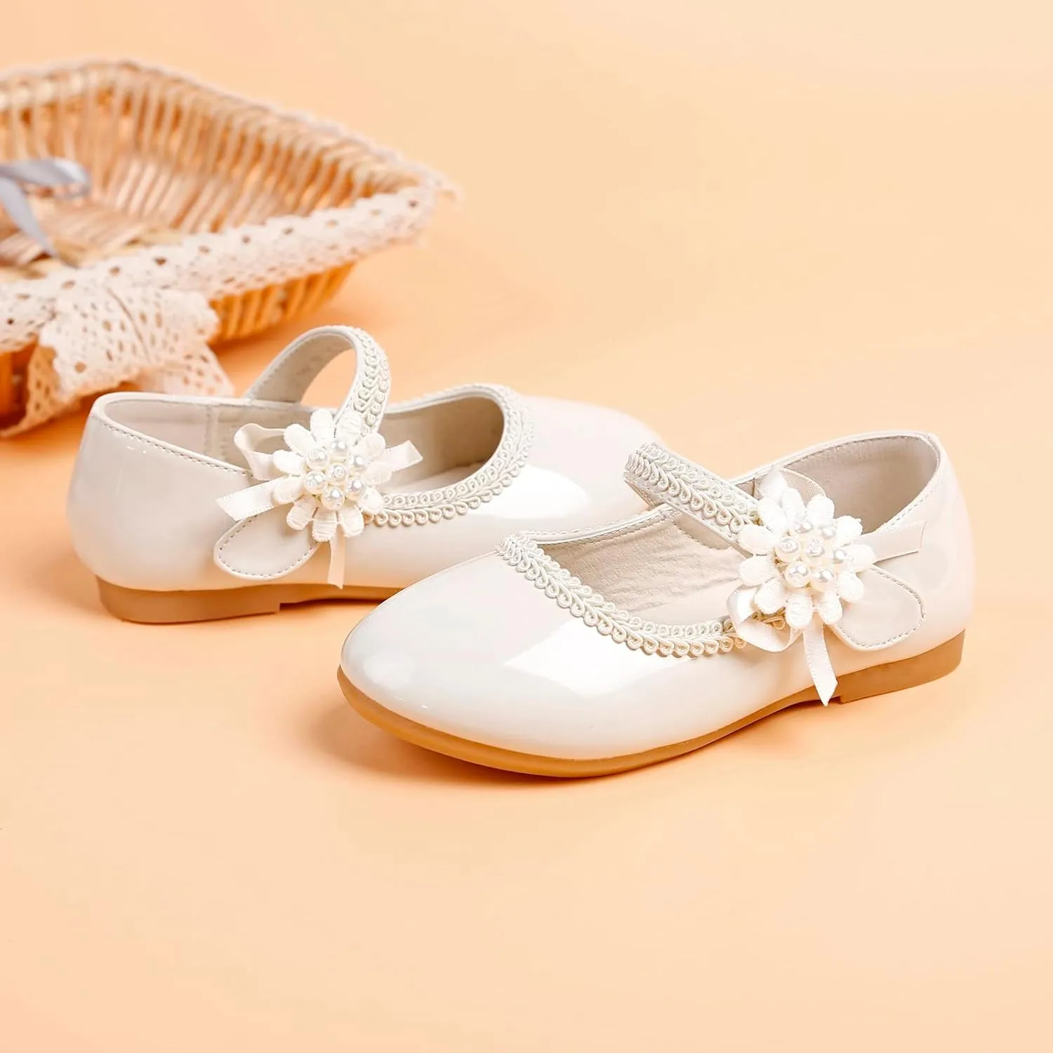 Toddler Girls Dress Shoes Toddler Kid Mary Jane with Pearls Low Heels Pumps for Flower Girl Wedding Party