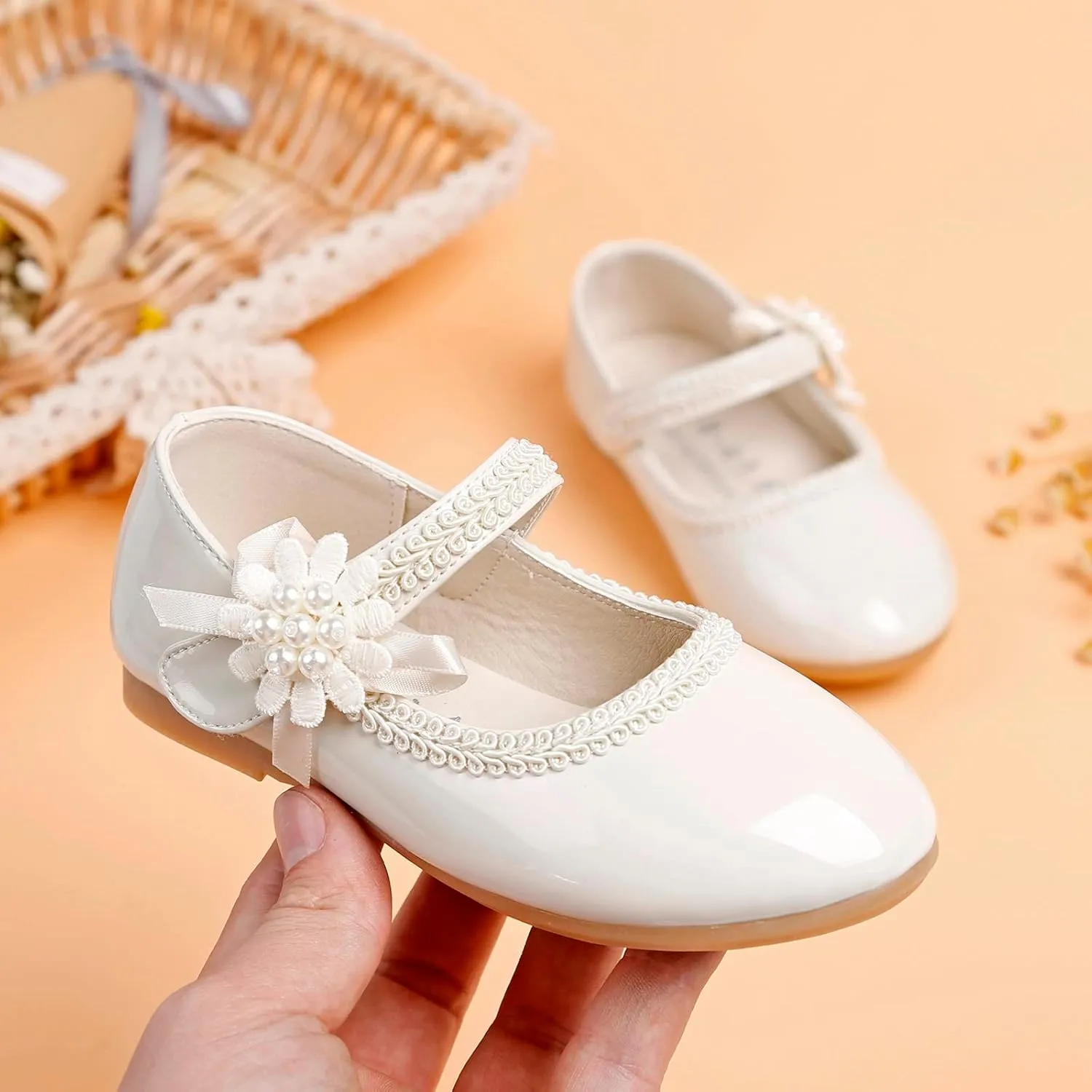 Toddler Girls Dress Shoes Toddler Kid Mary Jane with Pearls Low Heels Pumps for Flower Girl Wedding Party