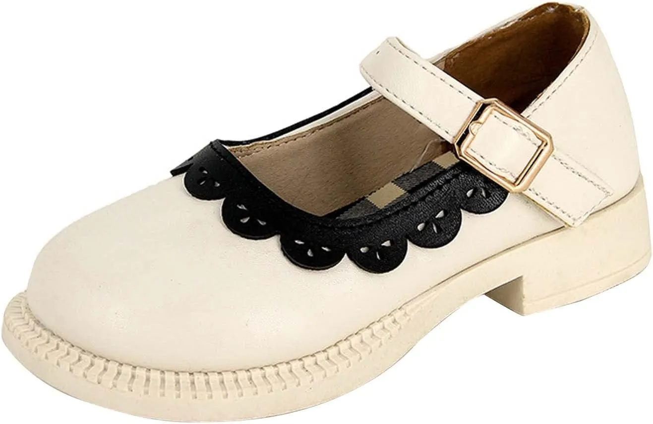 Toddler Little Girl's Ruffles Ankle Strap Mary Jane Flat𝘀, Vintage Cute Round Toe Leather 𝗨niform School Shoes