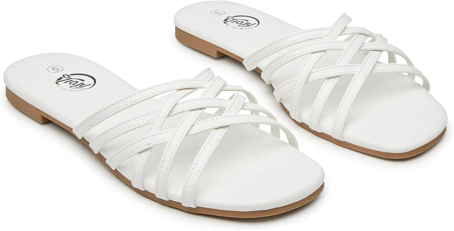 Trary Sandals Women,Leather Slides Women Comfortable Memory Foam Sandals for Women Footwear,Fashion Flat Summer Sandals for Women 2025