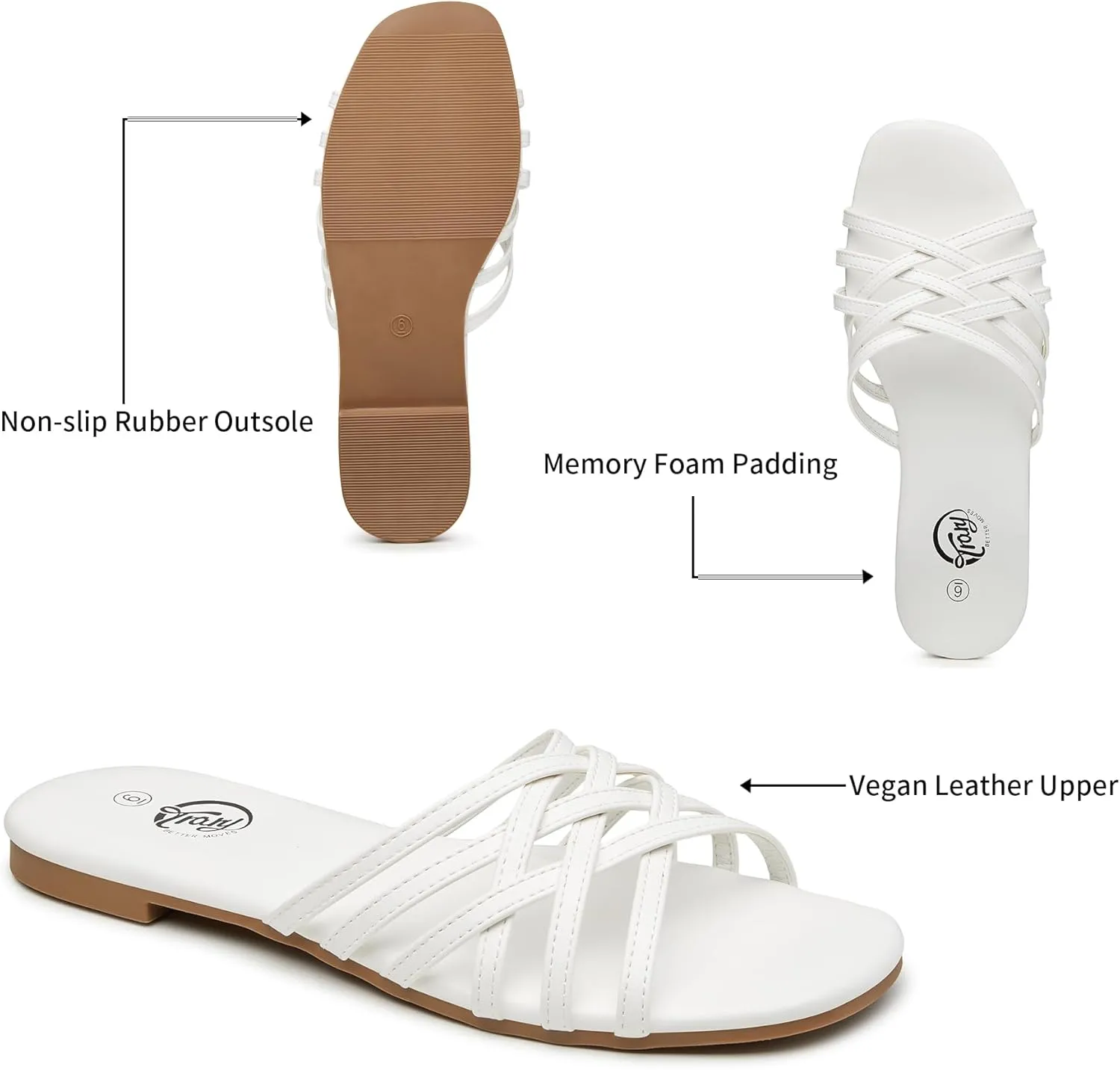 Trary Sandals Women,Leather Slides Women Comfortable Memory Foam Sandals for Women Footwear,Fashion Flat Summer Sandals for Women 2025