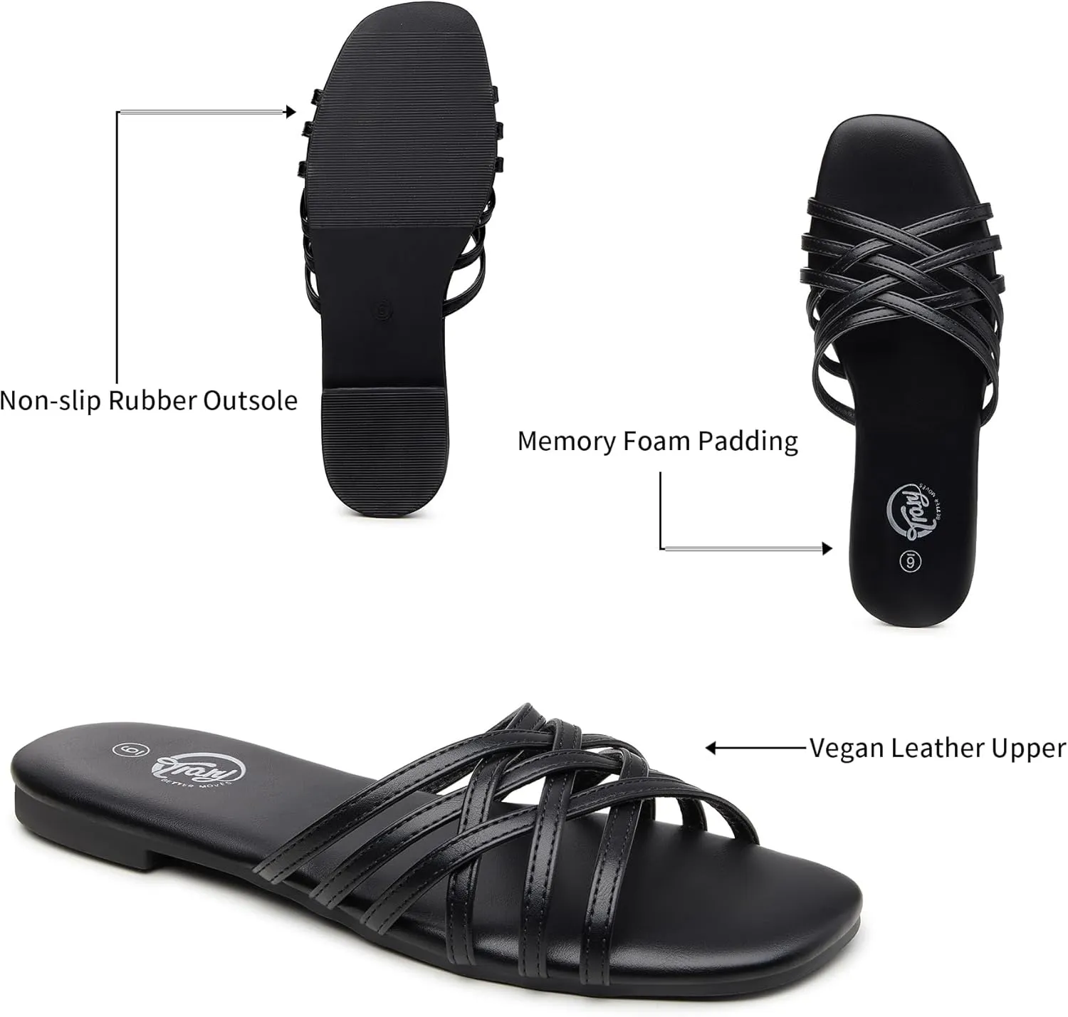 Trary Sandals Women,Leather Slides Women Comfortable Memory Foam Sandals for Women Footwear,Fashion Flat Summer Sandals for Women 2025
