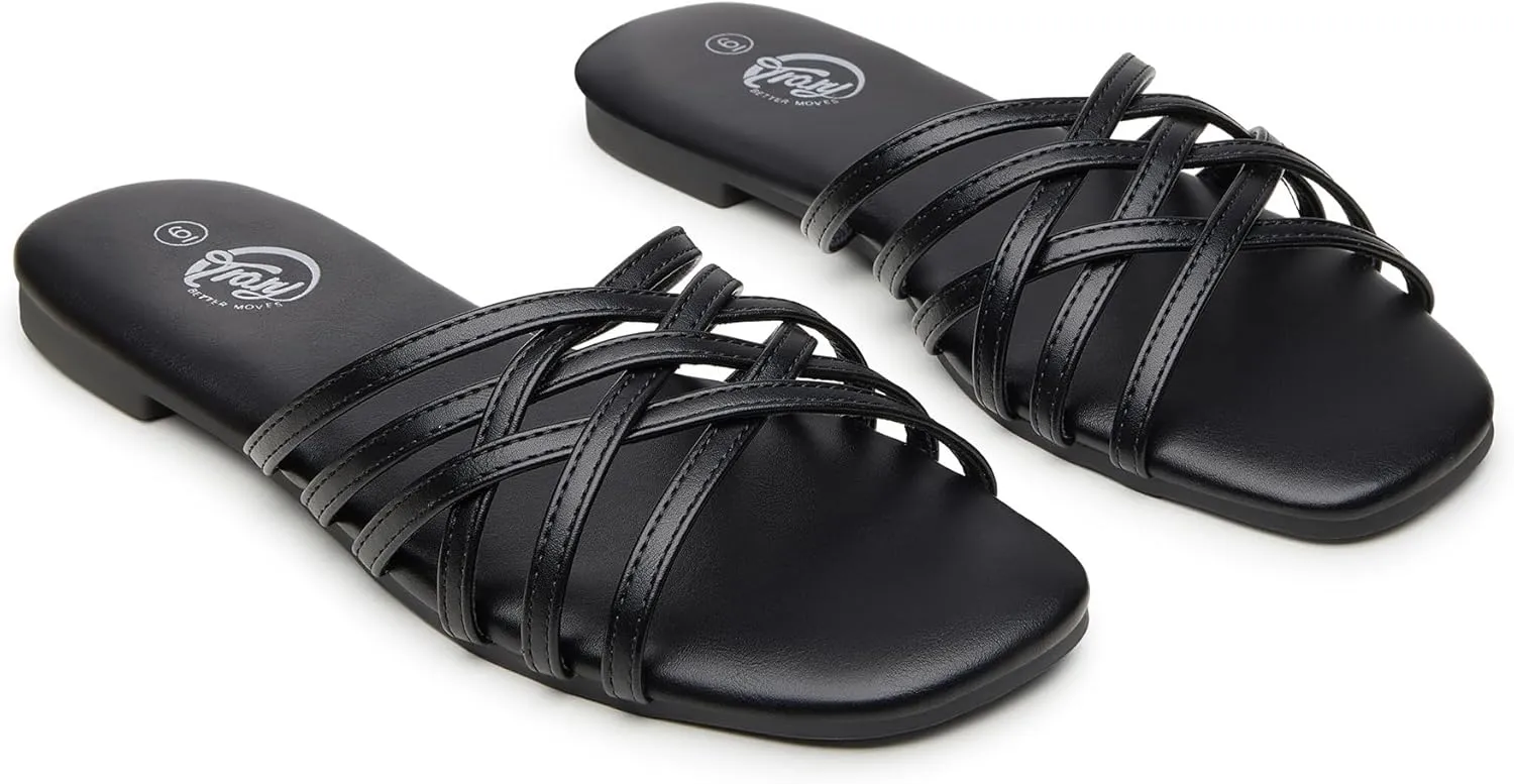 Trary Sandals Women,Leather Slides Women Comfortable Memory Foam Sandals for Women Footwear,Fashion Flat Summer Sandals for Women 2025