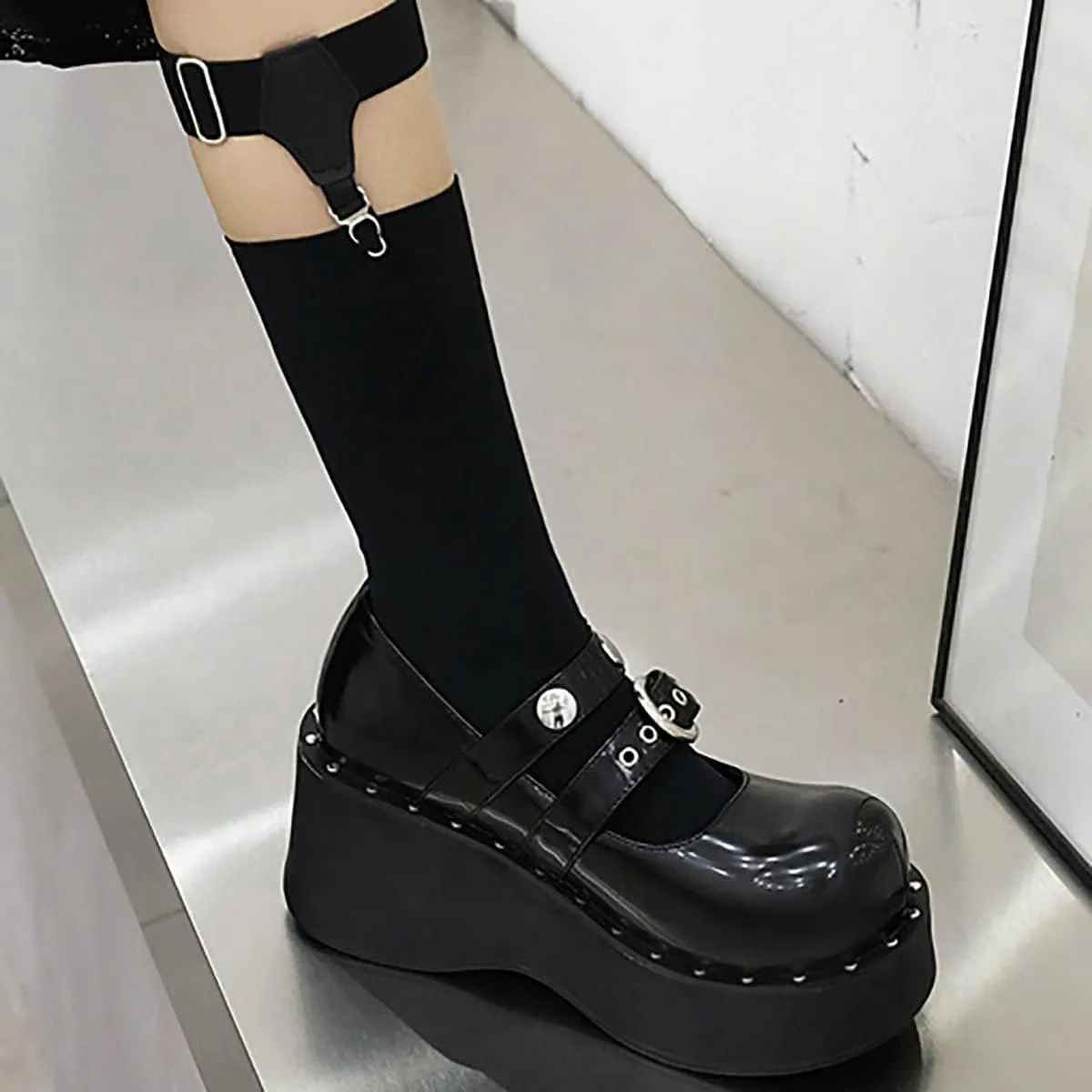 Uniquelly Womens Wedge Platform Mary Jane High Heel Patent Leather Pumps Buckle Strap Round Toe Lolita Fashion Punk Shoes