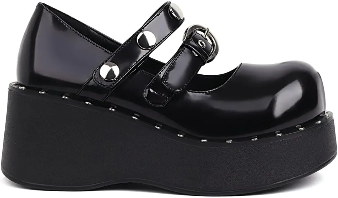 Uniquelly Womens Wedge Platform Mary Jane High Heel Patent Leather Pumps Buckle Strap Round Toe Lolita Fashion Punk Shoes