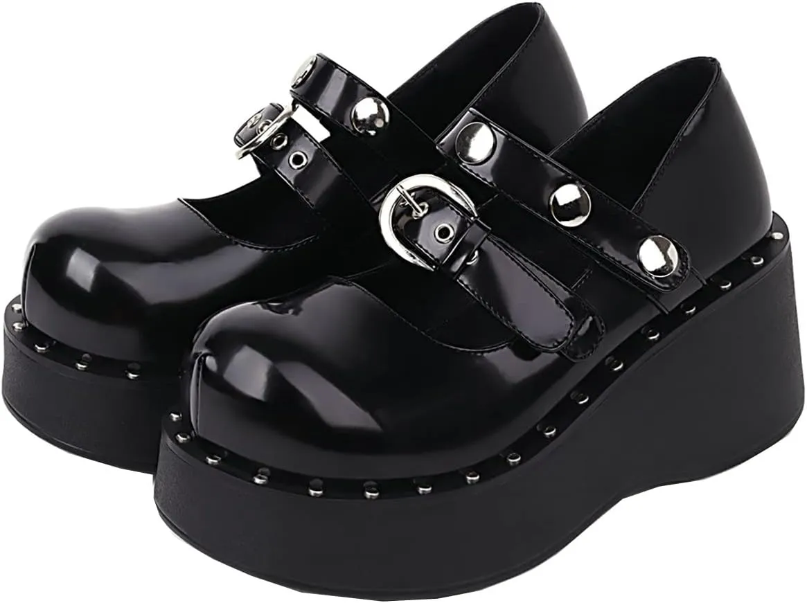 Uniquelly Womens Wedge Platform Mary Jane High Heel Patent Leather Pumps Buckle Strap Round Toe Lolita Fashion Punk Shoes